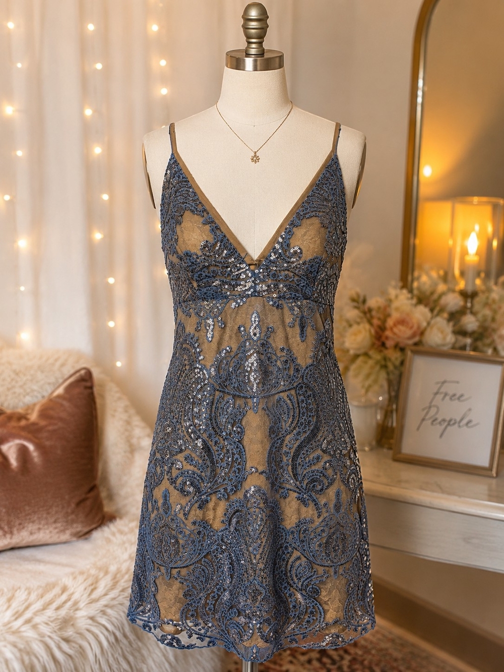 Free People Night Shimmers Sequin Mini Dress Sundown Blue Size 4 Sequin